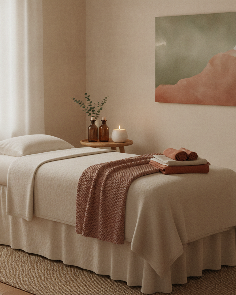 A serene massage therapy room with linens and oils