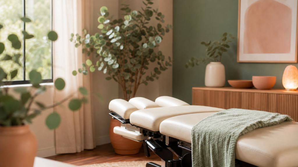 Calm modern chiropractic treatment room
