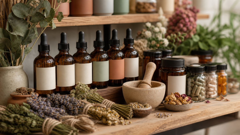 Naturopathic dispensary shelf with amber tincture bottles and dried herbs