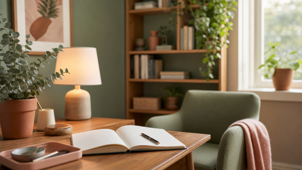 Serene psychologist office desk with notebook and lamp