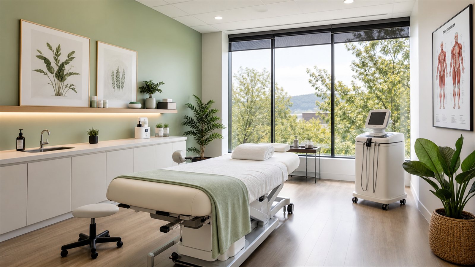 A bright, welcoming treatment room in a health practitioner clinic