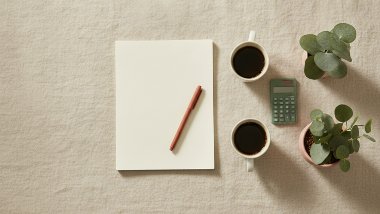 A paper agreement, pen, two coffees and a calculator on linen