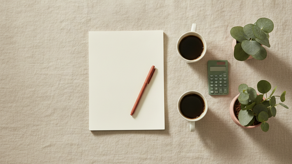 A paper agreement, pen, two coffees and a calculator on linen