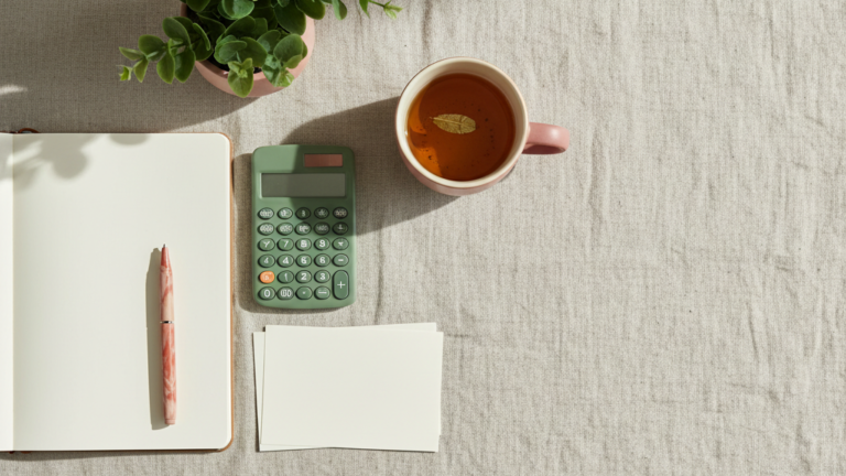 Home office desk with notebook, calculator, papers and tea