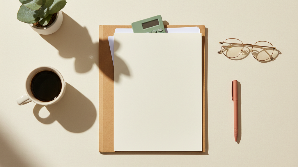 Desk with a folder of documents, calculator, glasses and coffee