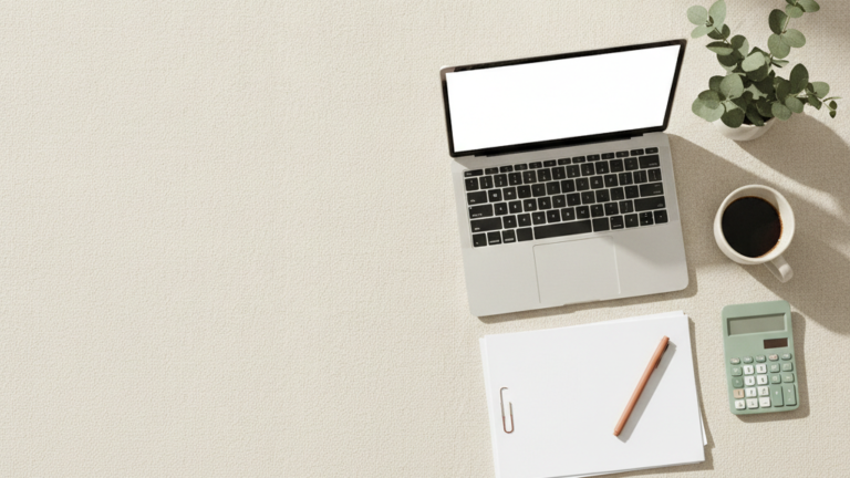 A laptop, paperwork, calculator and coffee on a linen desk