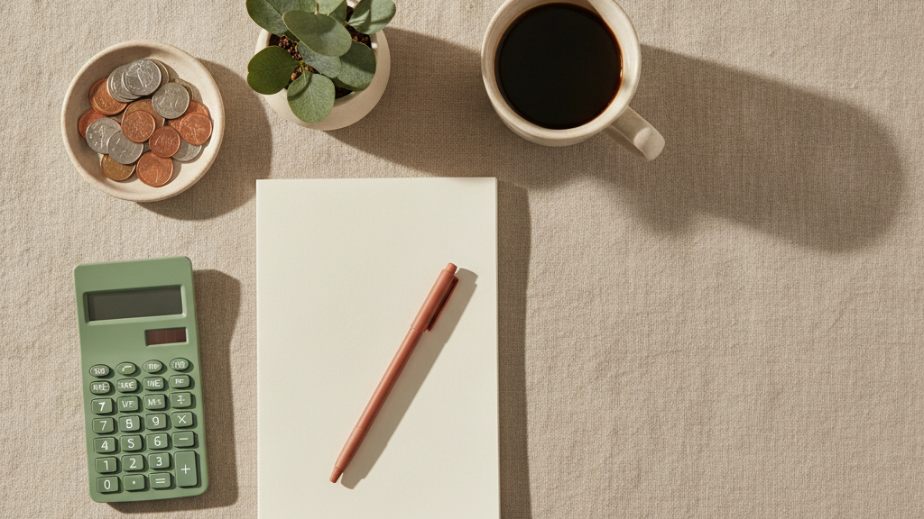 A dish of coins, notebook, calculator and coffee on linen