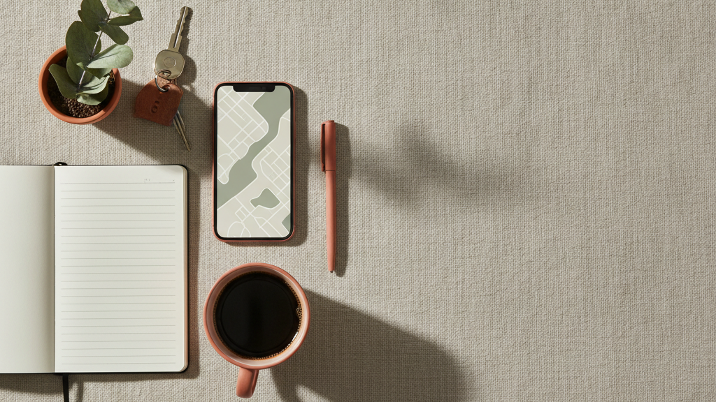 Car keys, an open logbook, a phone with a map, and coffee on linen