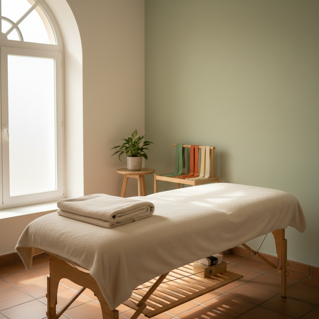 A tidy physiotherapy treatment room