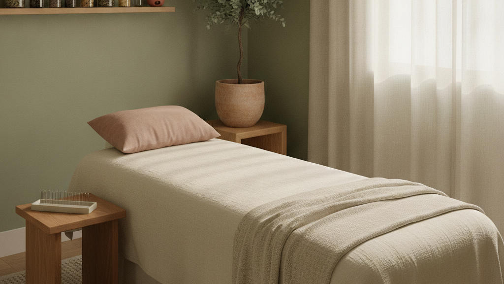Acupuncture treatment room with needle tray and herbal jars in an HST-exempt practice