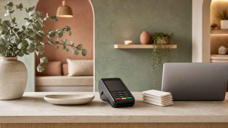 jane app bookkeeping - clinic front desk with payment terminal and laptop