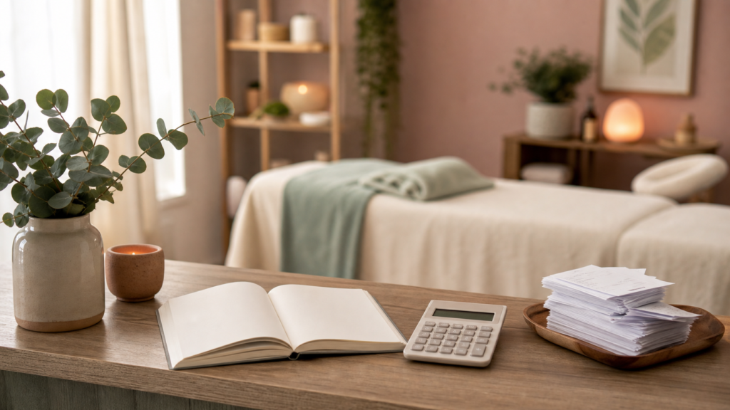 Massage therapist bookkeeping desk with notebook, calculator and receipts