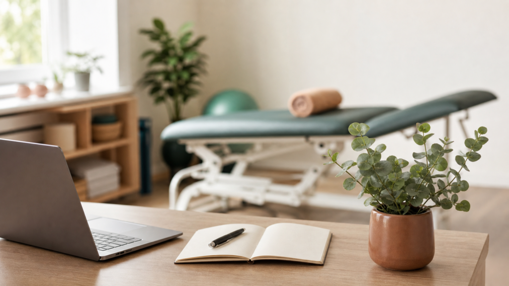Accountant desk in a physiotherapy clinic with laptop, notebook and treatment table