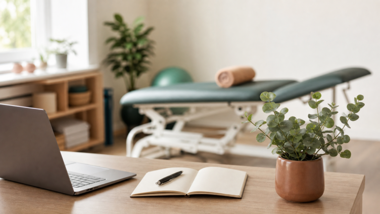 Accountant desk in a physiotherapy clinic with laptop, notebook and treatment table