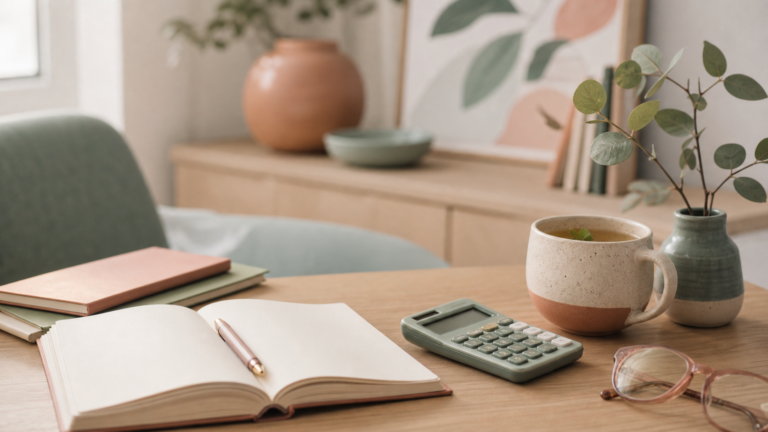 Warm desk scene with notebook, calculator and tea representing retirement savings planning for a healthcare practice