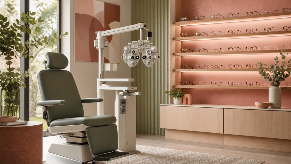 Optometry exam room with phoropter and eyeglass frame display, do optometrists charge HST