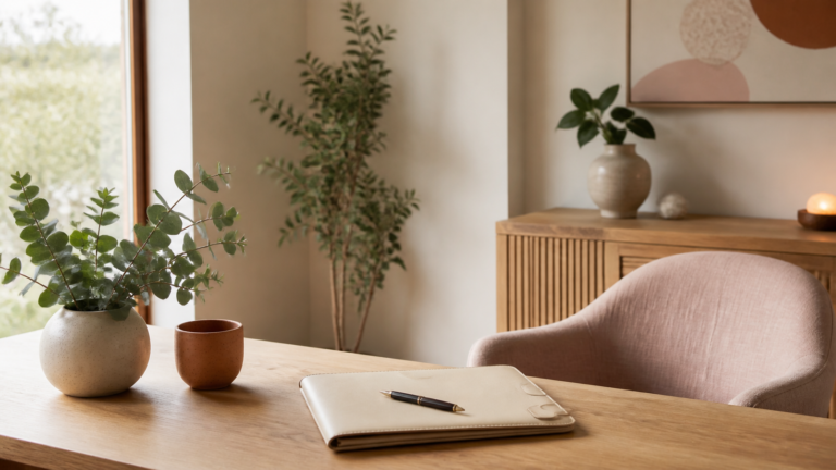 health professional corporation planning desk in a warm wellness clinic office