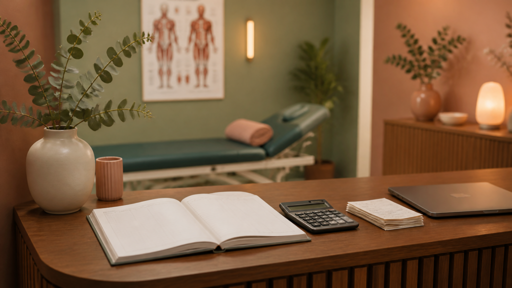 physiotherapy clinic bookkeeping desk with ledger and calculator
