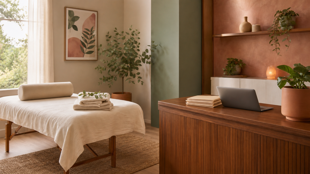 massage therapy clinic treatment room and reception desk representing an incorporated RMT practice