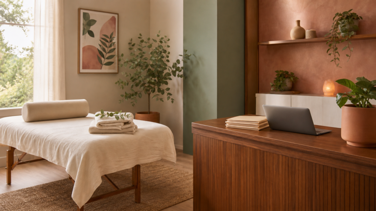 massage therapy clinic treatment room and reception desk representing an incorporated RMT practice