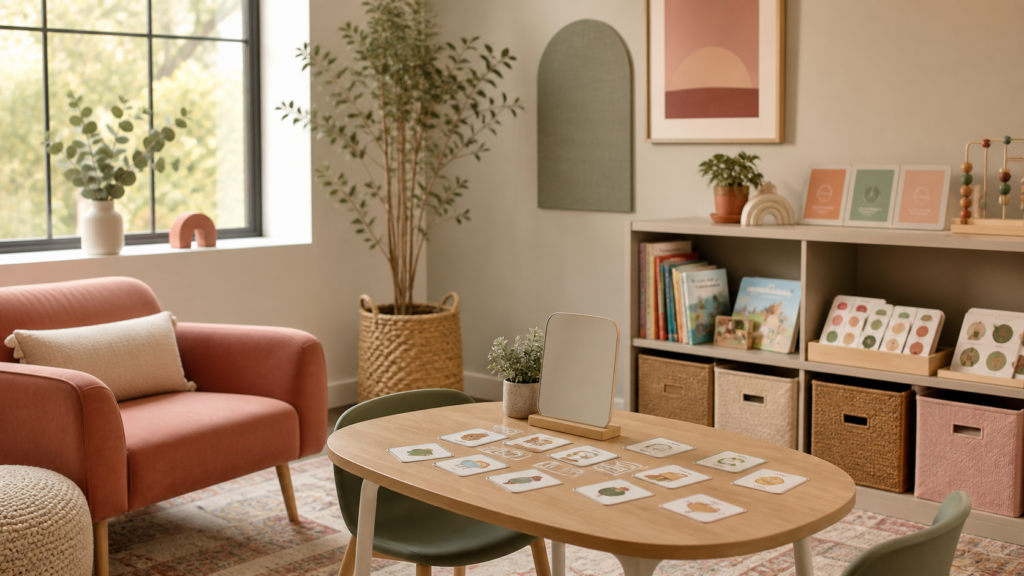 do speech therapists charge hst - speech therapy room with flashcards and mirror