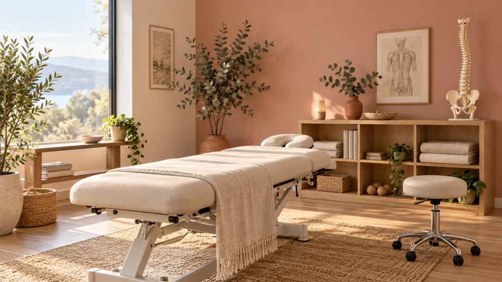 do osteopaths charge HST - warm osteopathy treatment room with treatment table and spine model