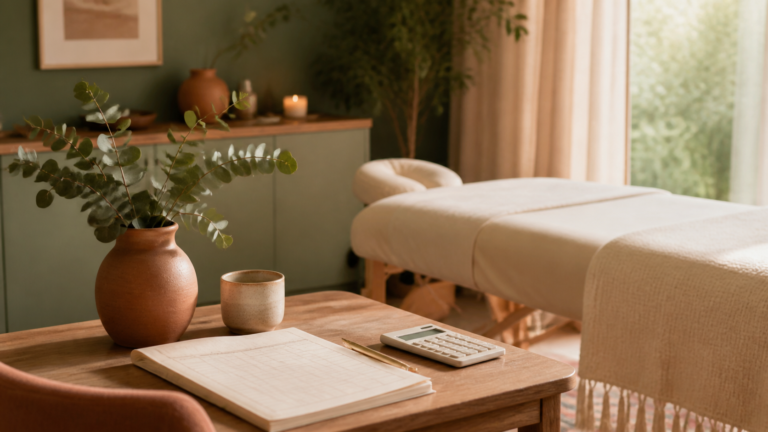 massage therapy treatment room with ledger and calculator, how much tax massage therapists pay
