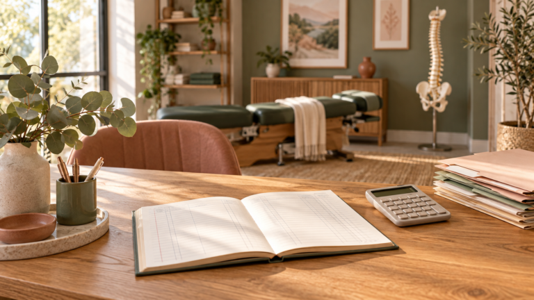 accountant for chiropractors reviewing clinic ledger in a chiropractic practice office