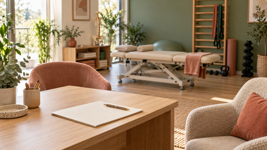 physiotherapist independent contractor CRA review desk in a physio clinic