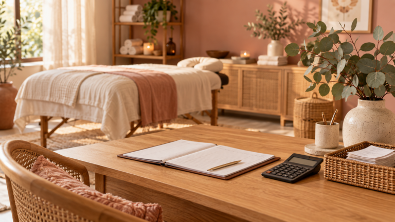 accountant for massage therapists - RMT clinic desk with ledger and calculator beside a massage treatment table