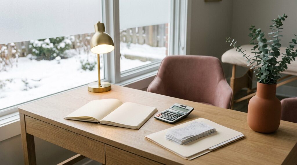 Clinic owner planning desk with calculator and planner for year end tax planning for small business in Canada